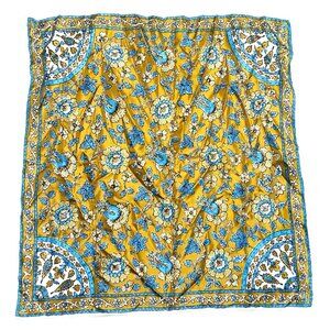 Vintage Glentex Scarf Floral Flowers Leaves Japan 24x23” Gold Blue White Black